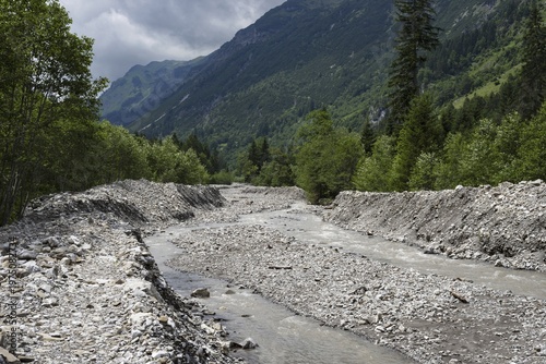 Illegal stream straightening in a nature reserve, Rappenalpbach in the Rappenalptal valley near Oberstdorf, Allgäu Alps, Allgäu, Bavaria, Germany