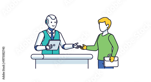 A friendly white humanoid robot wearing a professional teal vest shakes hands with a casual man in a green sweater across a minimalist white office desk.