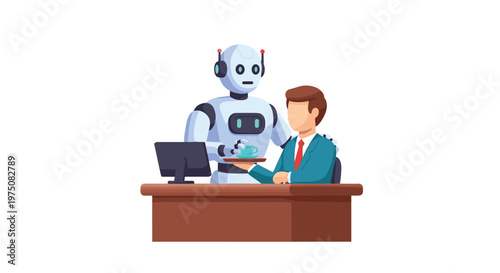 A helpful white service robot delivers a fresh cup of hot coffee on a tray to a professional businessman working at a brown wooden office desk.