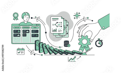 Agile project management workflow with Kanban board and domino effect