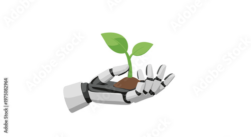 A sleek robotic hand supports a small mound of dark soil and a vibrant green seedling to showcase advanced agricultural technology and conservation.