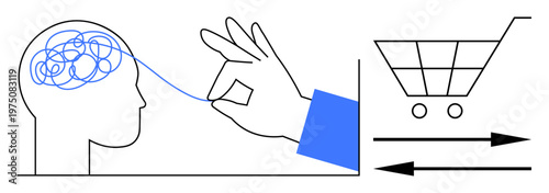 Problem solving, mental clarity, consumer choices, e-commerce, decision making, cognitive processes. Hand untangling brain, shopping cart and arrows. Mental clarity and consumer choices