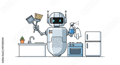 A versatile domestic service robot equipped with cleaning tools stands ready to perform household chores in a modern kitchen with a refrigerator.