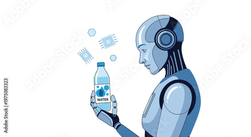 A blue-toned humanoid robot carefully examines a clear plastic bottle of water while several floating microchip icons hover in the white background.