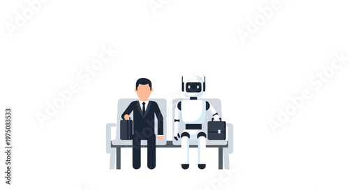 A professional businessman in a dark suit sits quietly next to a white humanoid robot on a grey waiting bench while both hold matching black cases.