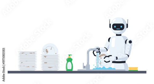 A sleek white humanoid robot diligently washes a stack of dirty ceramic plates at a modern kitchen sink with flowing water and green dish soap liquid.
