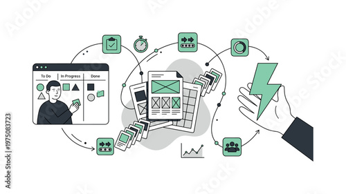 Agile project management workflow with task board, wireframes, and lightning bolt