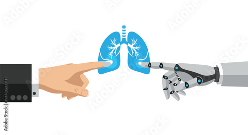 A human hand in a formal suit sleeve and a metallic robotic hand both point toward a pair of bright blue lungs on a clean and minimalist white background.