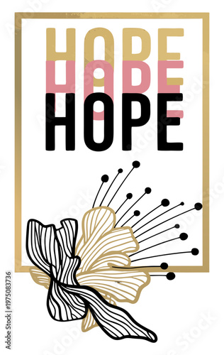Minimalist “HOPE” Typography Poster with Gold Frame and Abstract Floral Line Art Design