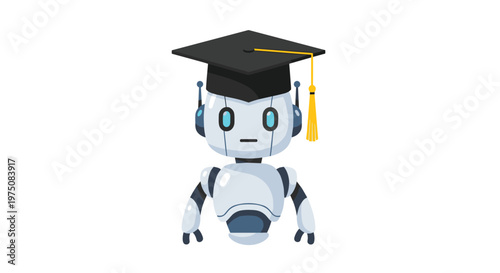 A charming white educational robot with bright blue eyes wears a traditional black graduation mortarboard featuring a long yellow tassel on a white background.