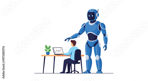 A towering blue robotic assistant stands watchfully behind a human professional working diligently at a wooden desk with a laptop and a small green plant.