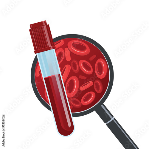 Flat vector illustration of a blood test tube sample, and red blood cells, representing medical diagnostics, laboratory analysis, and healthcare screening.