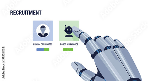 A sophisticated metallic robotic hand meticulously selects the robot workforce option over human candidates on a clean and minimalist digital interface screen.