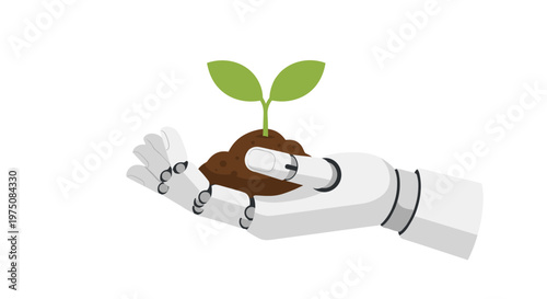 A sophisticated white robotic hand gently supports a small pile of fertile soil where a young green plant sprout begins its growth in a clean white space.