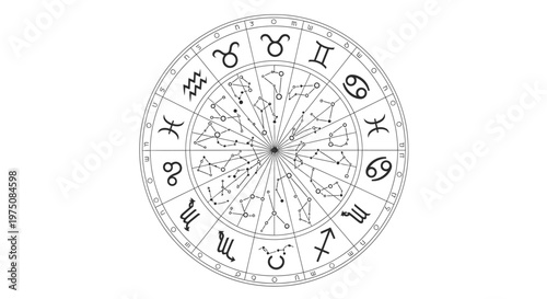Astrology Zodiac Wheel Chart featuring Astrological Signs and Star Constellations. Horoscope, Spirituality, and Cosmic Destiny Concept