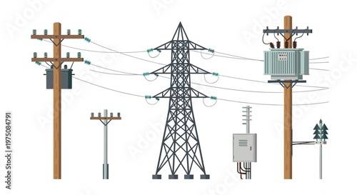 A detailed horizontal composition displays various types of wooden power poles and a central metal transmission tower interconnected by sagging wires.