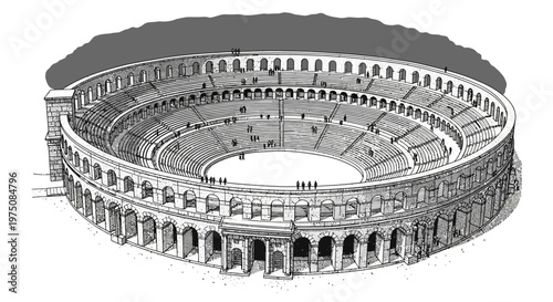 Detailed historical illustration of an ancient Roman-style amphitheater arena, showcasing classical architecture and tiers.