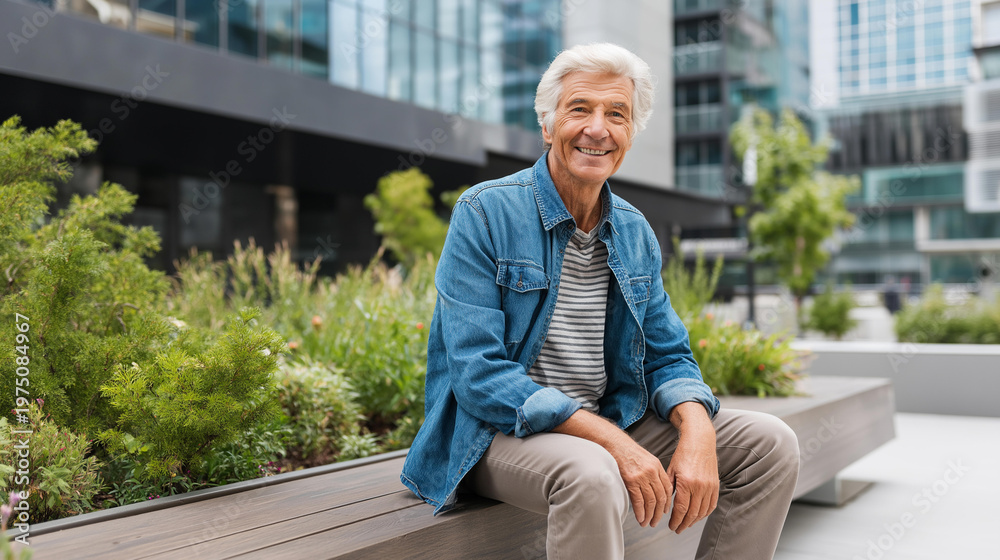 Fototapeta premium Elderly man sitting on a park bench in an urban setting, senior outdoor lifestyle and everyday city life concept, defocused background, with copy space