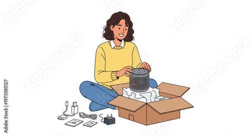 A cheerful young woman wearing a bright yellow sweater sits comfortably on the floor while carefully unboxing a modern smart speaker from a package.