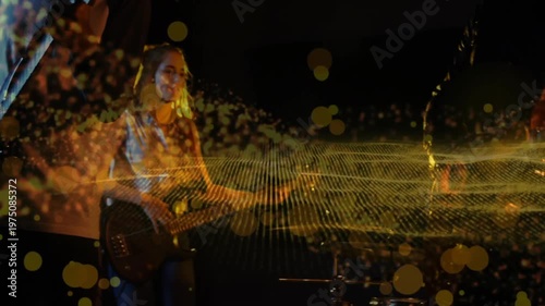 Band playing on stage, guitar strum initiating waveform and golden bokeh revealing band for crowd