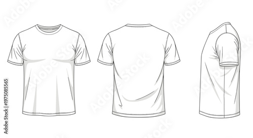 Pristine white t-shirt technical sketches showing the front back and side views are presented in a clean and professional manner for apparel designers.