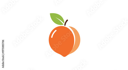 A vibrant and minimalist illustration of a ripe orange peach with a single fresh green leaf is perfectly centered on a clean white background space.