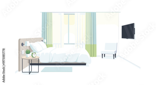 A pristine and well-appointed hotel room features a comfortable bed with white bedding and a sleek wall-mounted television in a bright modern space.