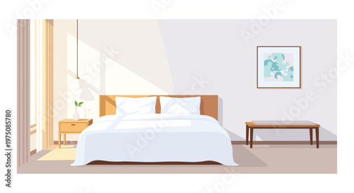 A serene and contemporary bedroom showcases a large comfortable bed with crisp white linens and a minimalist wooden bench under warm natural sunlight.