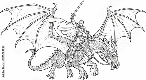 Detailed fantasy line art of a medieval knight in armor riding a powerful winged dragon with a raised sword, mythical adventure.