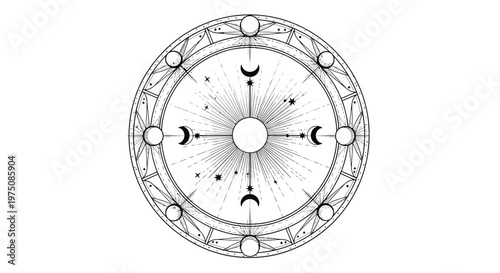 Intricate celestial mandala illustration with sun, crescent moons, and stars. Esoteric cosmic circle line art drawing.