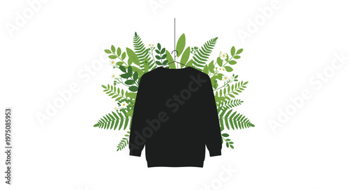 A minimalist black sweatshirt hangs gracefully against a dense and vibrant backdrop of diverse green botanical leaves and delicate white floral accents.