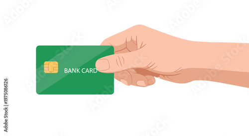 A meticulous illustration of a human hand presenting a vibrant green bank card with a distinct gold electronic chip against a pristine white background.
