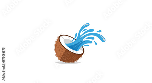 A halved brown coconut shell releases a powerful and refreshing splash of bright blue water against a clean and minimalist white background surface.
