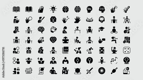 Set of 70 Black Glyph Education and Learning Vector Icons