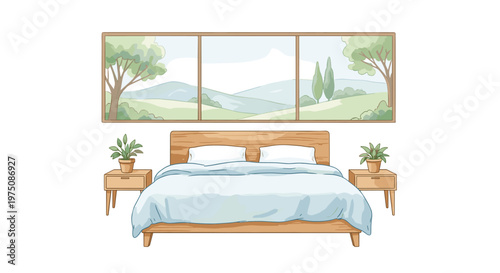 A cozy wooden bed with light blue linens sits between two nightstands under a large window overlooking a peaceful green mountain landscape in the soft morning light.