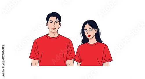 A handsome man and a beautiful woman pose confidently while wearing matching bright red t-shirts in a clean and modern minimalist vector illustration.