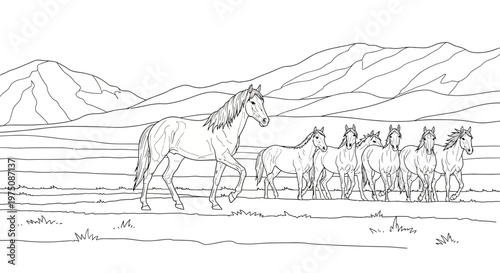 Herd of wild horses on a vast plain with mountains, intricate line art drawing for coloring books and nature themes.