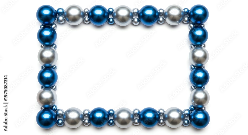 Fototapeta premium Blue and silver beads forming a square frame on white background