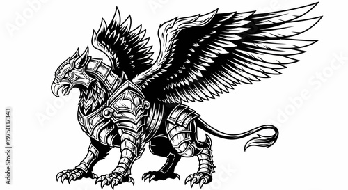 Detailed Black and White Armored Griffin Mythological Creature Illustration. Majestic Legendary Beast with Wings and Lion Body, Eagle Head.