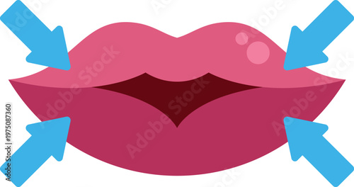 Lips with blue arrows indicating areas for aesthetic filler augmentation