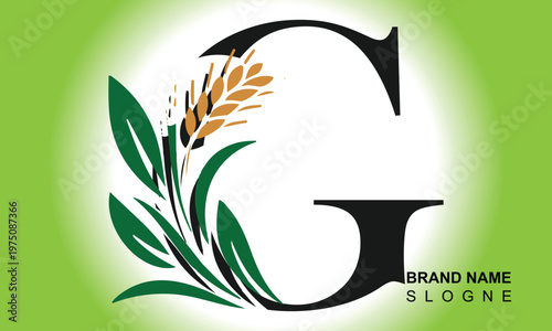 Letter G Line style logotype with wheat, rice organic grain products and healthy food vector illustration