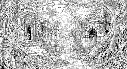Detailed line art illustration of ancient jungle ruins, overgrown stone temple, fantasy landscape, mysterious abandoned civilization, intricate coloring page design.