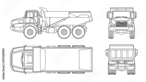Dump Truck CAD Line Art Vector Set Front Side Top and Rear Technical Drawing for Engineering Blueprints and Construction Fleet Management