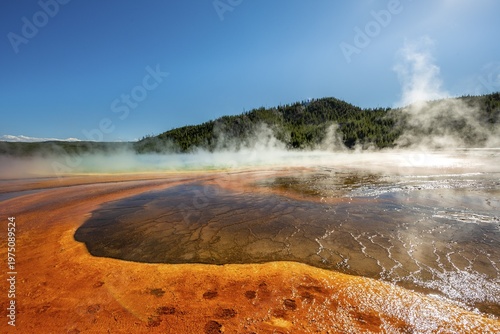 Steaming hot spring with colored mineral deposits, Grand Prismatic Spring, Midway Geyser Basin, Yellowstone National Park, Wyoming, USA