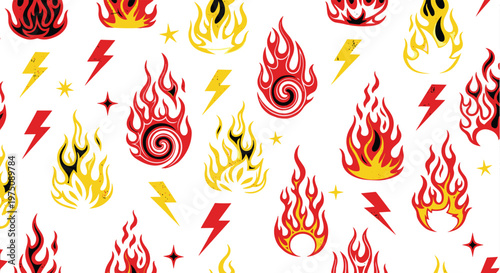 Dynamic pattern of colorful fire flames and lightning bolts on a gray background.