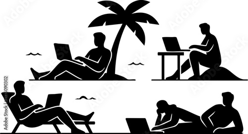 Digital nomad working on beach silhouette set, people using laptop on vacation, remote work lifestyle concept