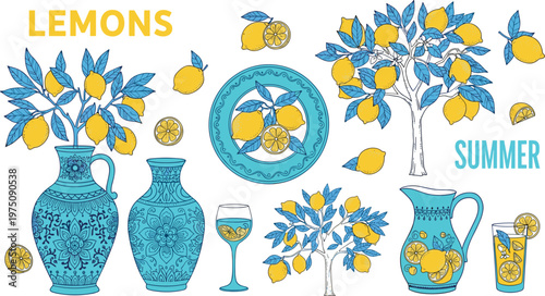 Lemon trees in vases and on plate with summer drinks and text lemons summer.