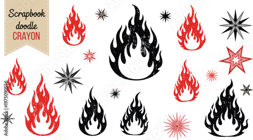 Scrapbook doodle crayon fire flames and stars in red and black colors.