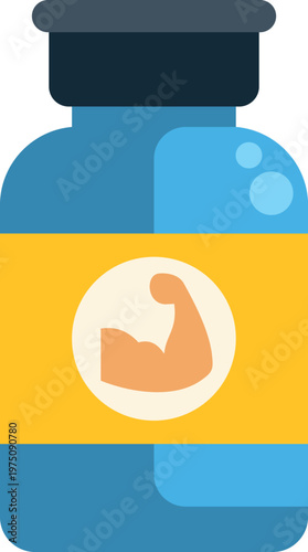Blue protein supplement bottle with bicep icon representing strength and nutrition