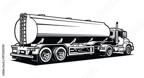 A tanker truck featuring a large cylindrical container stands in a side perspective as a classic industrial vehicle for heavy transport of logs.